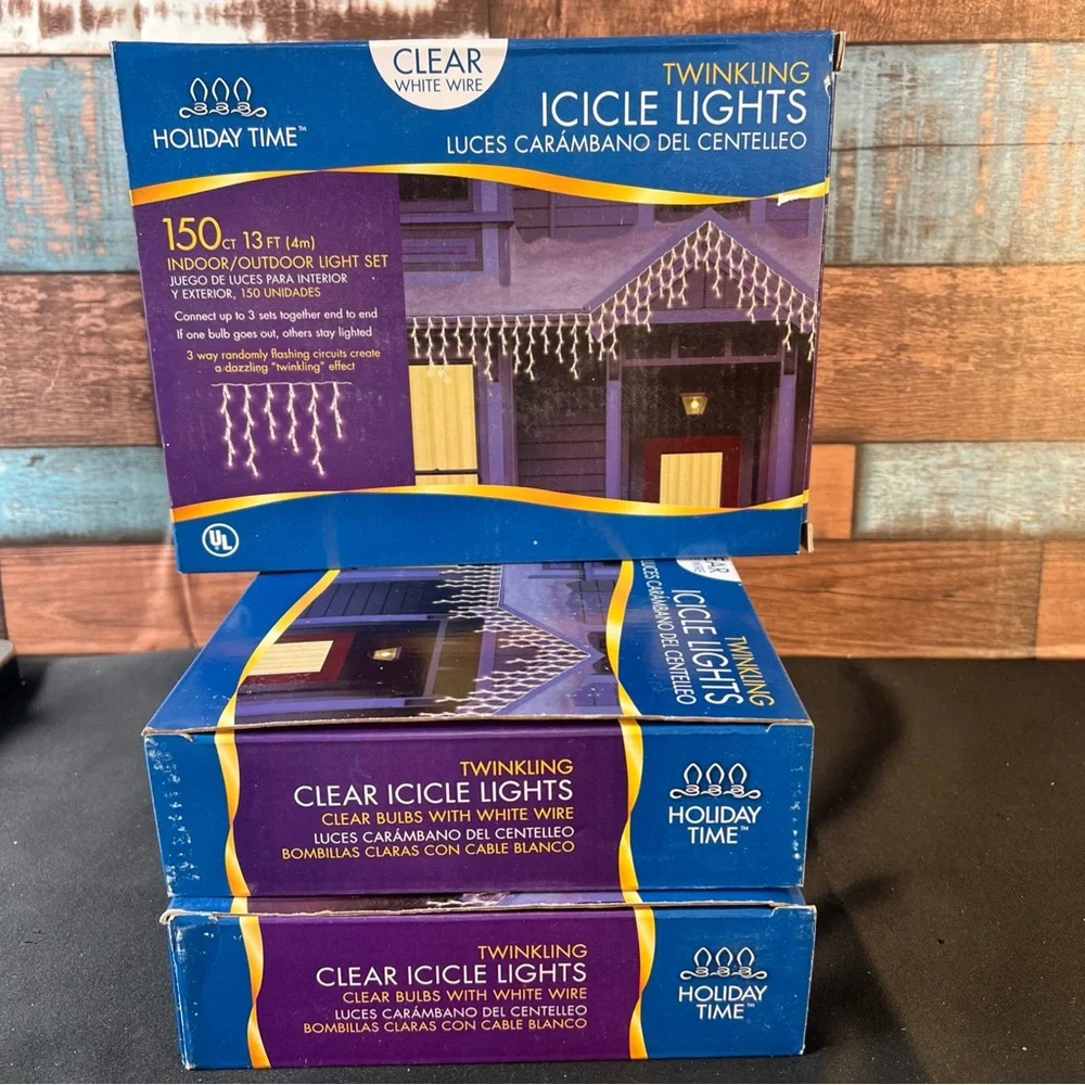 New- 3 boxes Holiday Time‎ Clear Icicle Lights 150 ct each